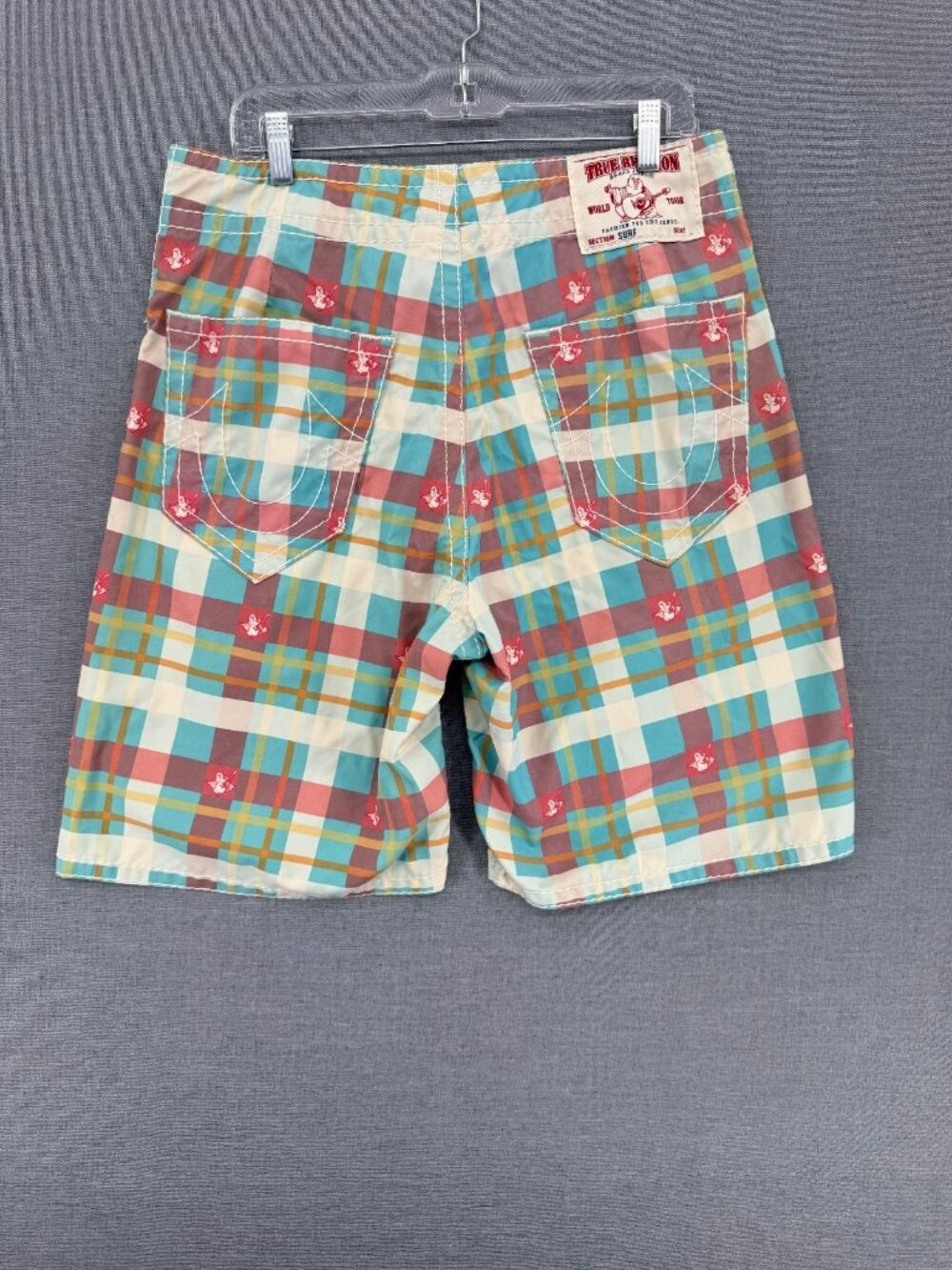 True Religion Board Shorts Mens 34 9" Plaid Swim Trunks Pocket Drawstring Y2K